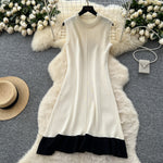 Beaded Crew Neck Sleeveless Flattering Knit Dress For Women In A Color Block Design