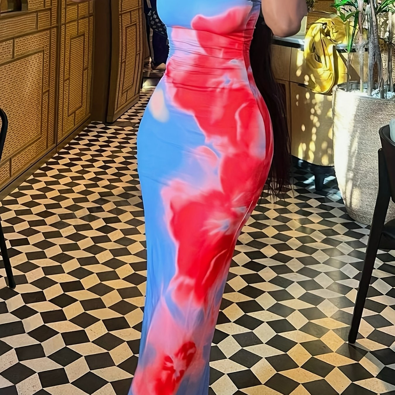 1pc Women's Romantic Floral Print Bandeau Dress, Sexy Polyester Knit Fabric with Split Detail, All-Season Strapless Maxi Dress for Adults