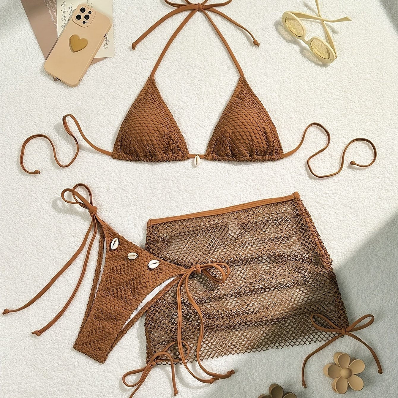 Solid Color 3pcs Bikini Set, Halter Neck with Mesh Tie Back and High Cut Sides, Cover-Up Wrap Swimsuit, Women's Swimwear and Clothing Triangle Top