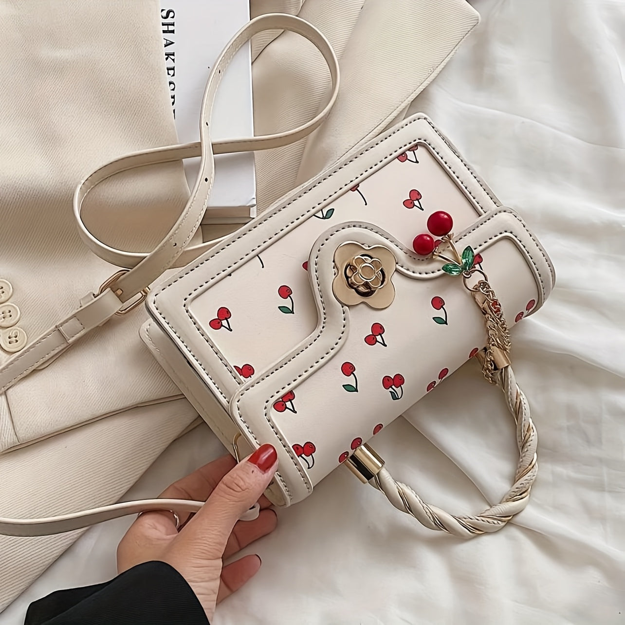 Fashionable High-End PU Tote Bag with Versatile Square Shape and Cute Cherry Print, Perfect for Shopping, Dating Or Cross-Body for Girls., Kawaii Cherry Elements