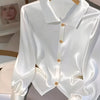 Women's Elegant Solid Color White Satin Blouse with Golden Button Details - Long Sleeve, Large Lapel Collar, Non-Sheer, Machine Washable, All-Season Casual Wear, Ladies Blouses