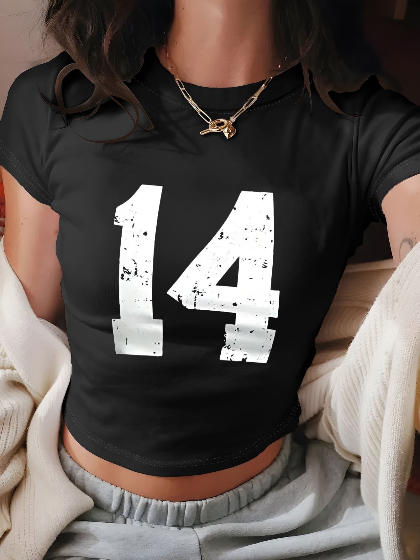 Women's Y2K Geometric Number 14 Print Crop T-Shirt - Soft Casual Top, Light Yellow with White Numerals, Spring Summer Versatile Tee, Distressed Style, Machine Washable Fabric, Comfortable Fit