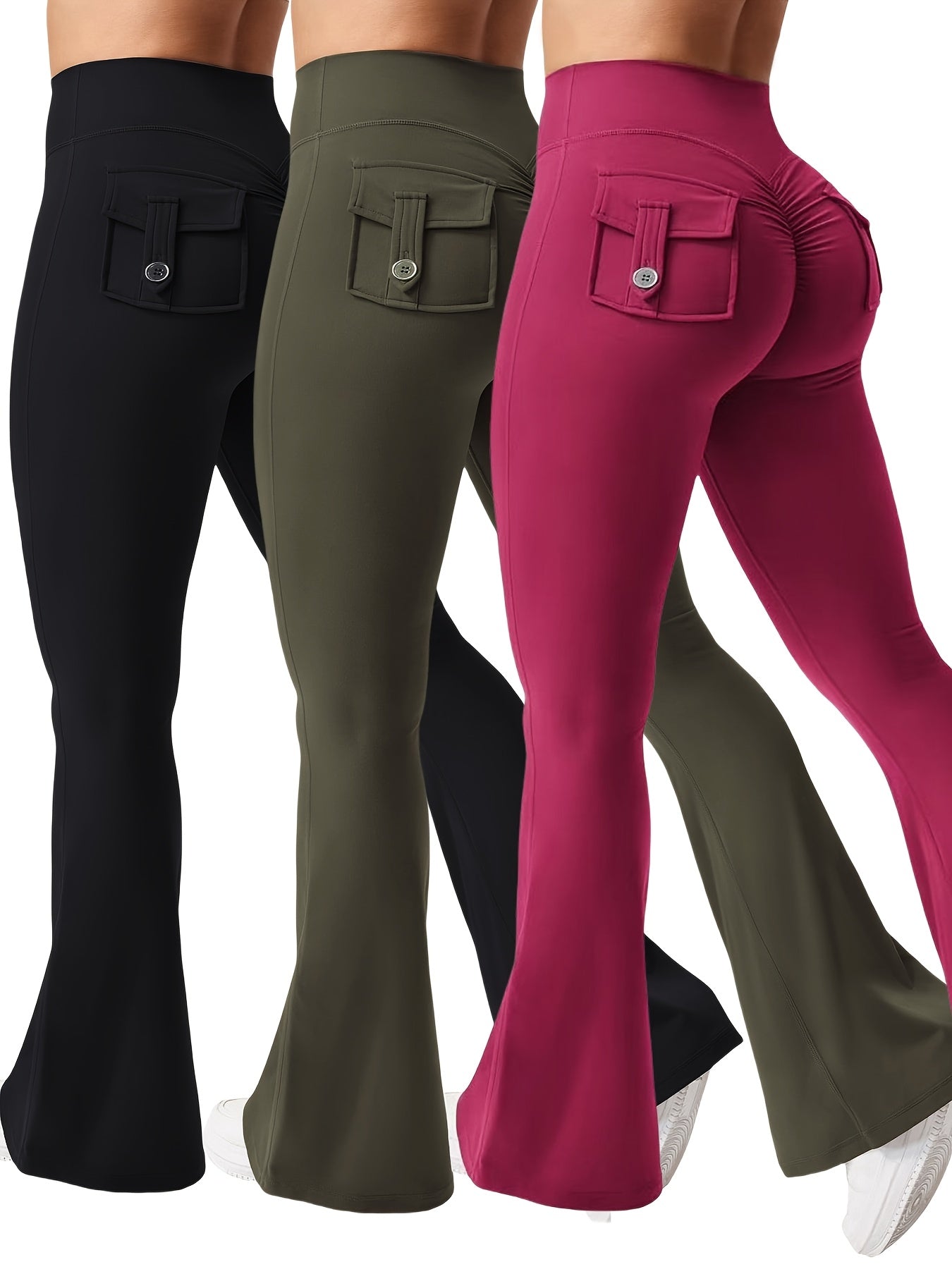 3pcs Women's High Elasticity Yoga Pants with Pockets - Soft Flared Leg Workwear-Style Fitness Pants, Elastic Waistband Tight-Fit Butt-Lifting for Running, Gym & Casual Wear (Black/Grey/Brown), Running Attire | Highwaisted Fla