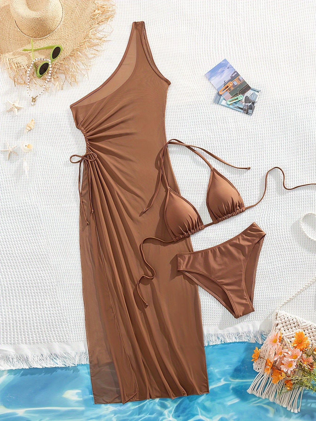 Women's 3pcs Brown Bikini Set with One-Shoulder Ruched Top, High-Waisted Bottoms & Sheer Side-Slit Cover-Up Dress - Elegant Beachwear in Stretchy Polyester/Elastane Blend, Beachwear Essentials|Tankstyle Dress|Stretchy Fabric,