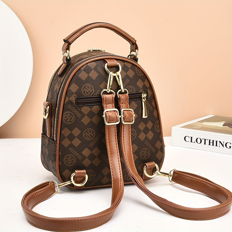 Luxury Checkered Backpack with Golden Accents - Perfect for Casual Outings