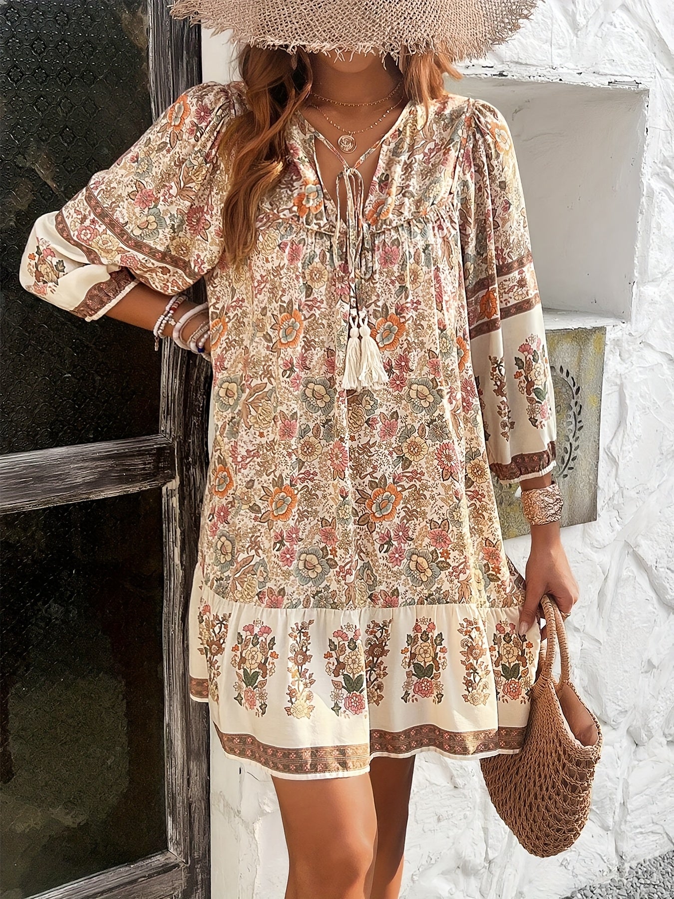 Plus Size Women'S Floral Print Tie Neck Ruffle Hem Loose Casual Spring And Summer Outing Dress