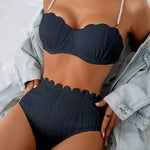 Elegant Off-Shoulder Two-Piece Bikini Set for Women - High-Waist, Backless, Stretchy Swimsuit with Ruched Detail, Dark Blue, Perfect for Poolside & Beach Wear, Beach Swimsuit|Ruched Detail Swimsuit|Stretchy Fabric