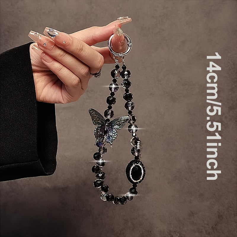 Luxury Crystal Butterfly Beaded Phone Lanyard Strap - Chic Handmade Wristlet Keychain Accessory with Gemstone Accents and Transparent Clip