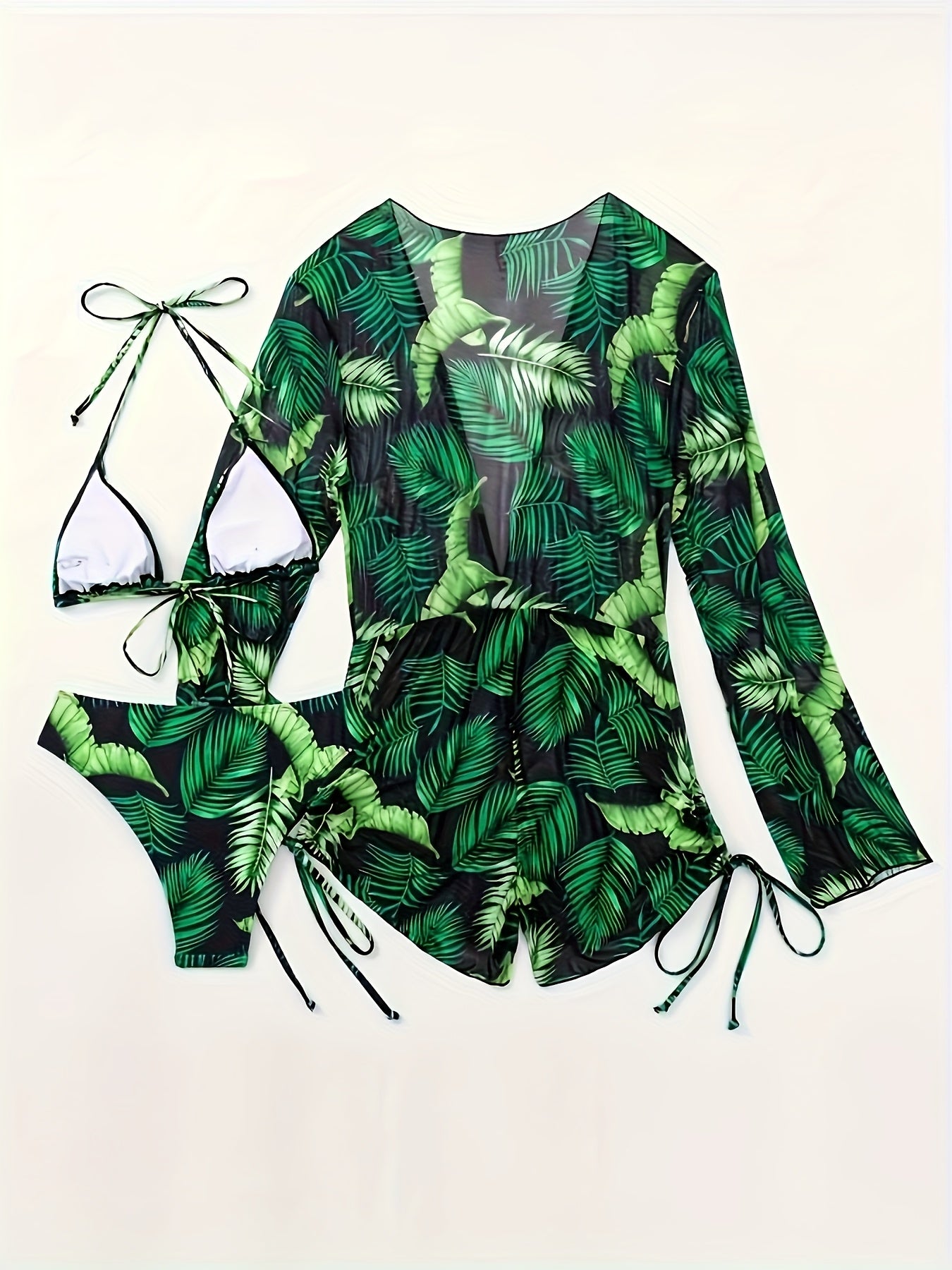 [Sunscreen Green Plant Print Suit] Sexy Tropical Plant Print, Sunscreen Three-piece Suit, Women'S Fashionable Sunscreen Clothing