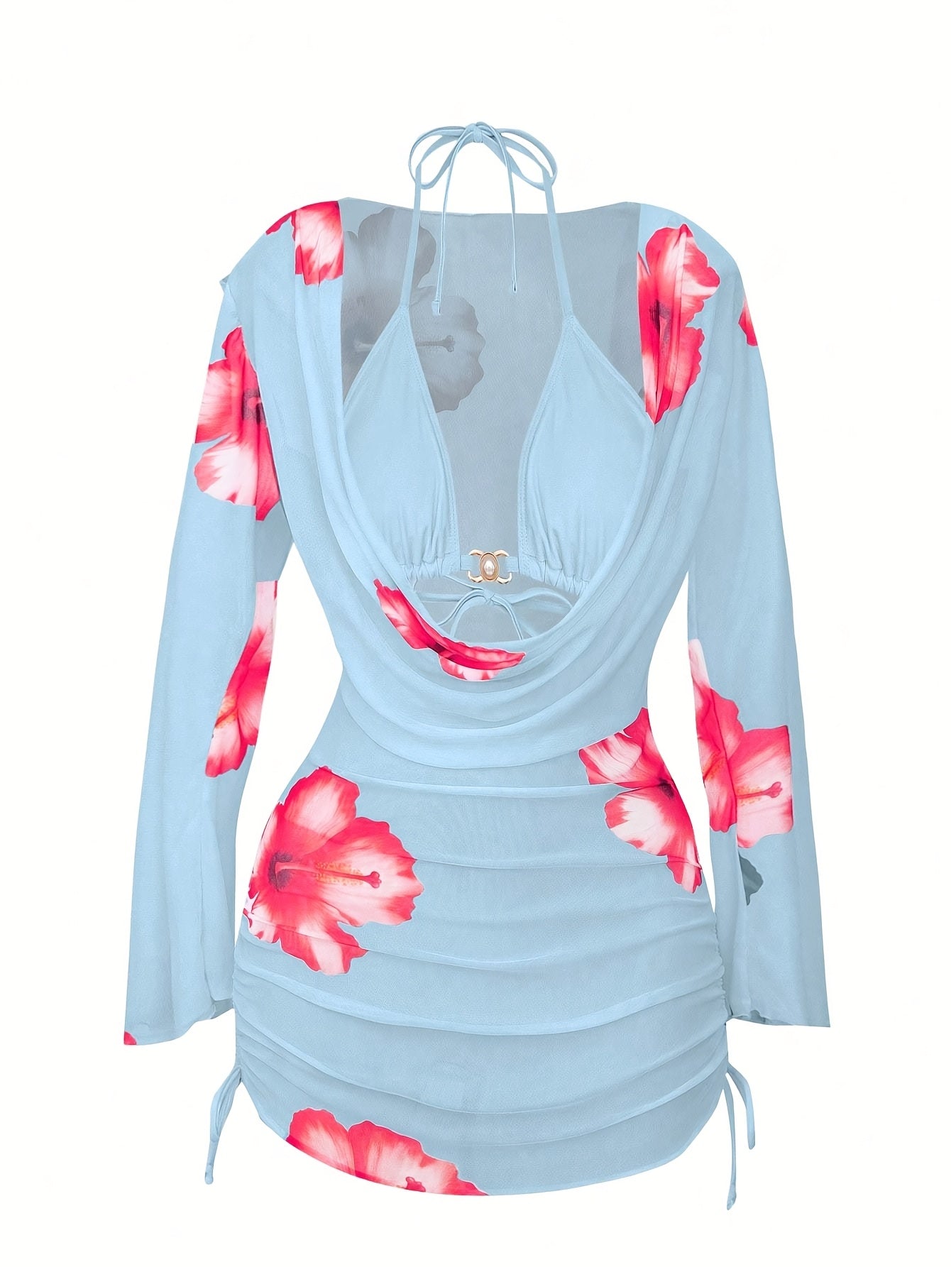 New Three-piece Set with Flower Print and Pearl Buckle Women's Swimsuit Set Beach Resort Hot Spring Strap Sexy White Gauze Bikini