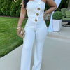 Women's Sleeveless Strapless Bodycon Jumpsuit - Stretchy High-Waisted Wide-Leg Romper with Golden-Tone Buttons, Solid White Elegant Outfit for All Seasons, Hand Wash Only, Allseason Fashion | Offshoulder Style | Sophisticated
