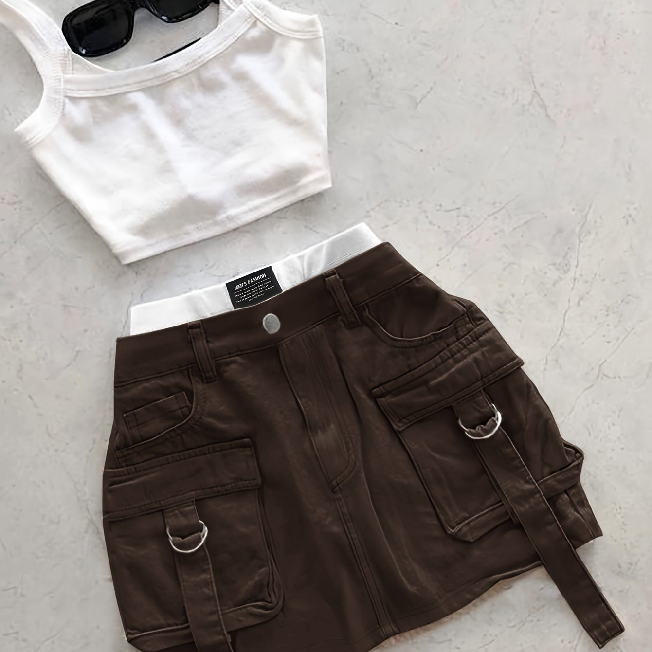 Women's High-Waisted Casual Shorts with Contrast Waistband & Multiple Pockets - Solid Black Non-Stretch Fabric, Machine Washable All-Season Versatile Style, Functional Clothing, Durable Summer Wear