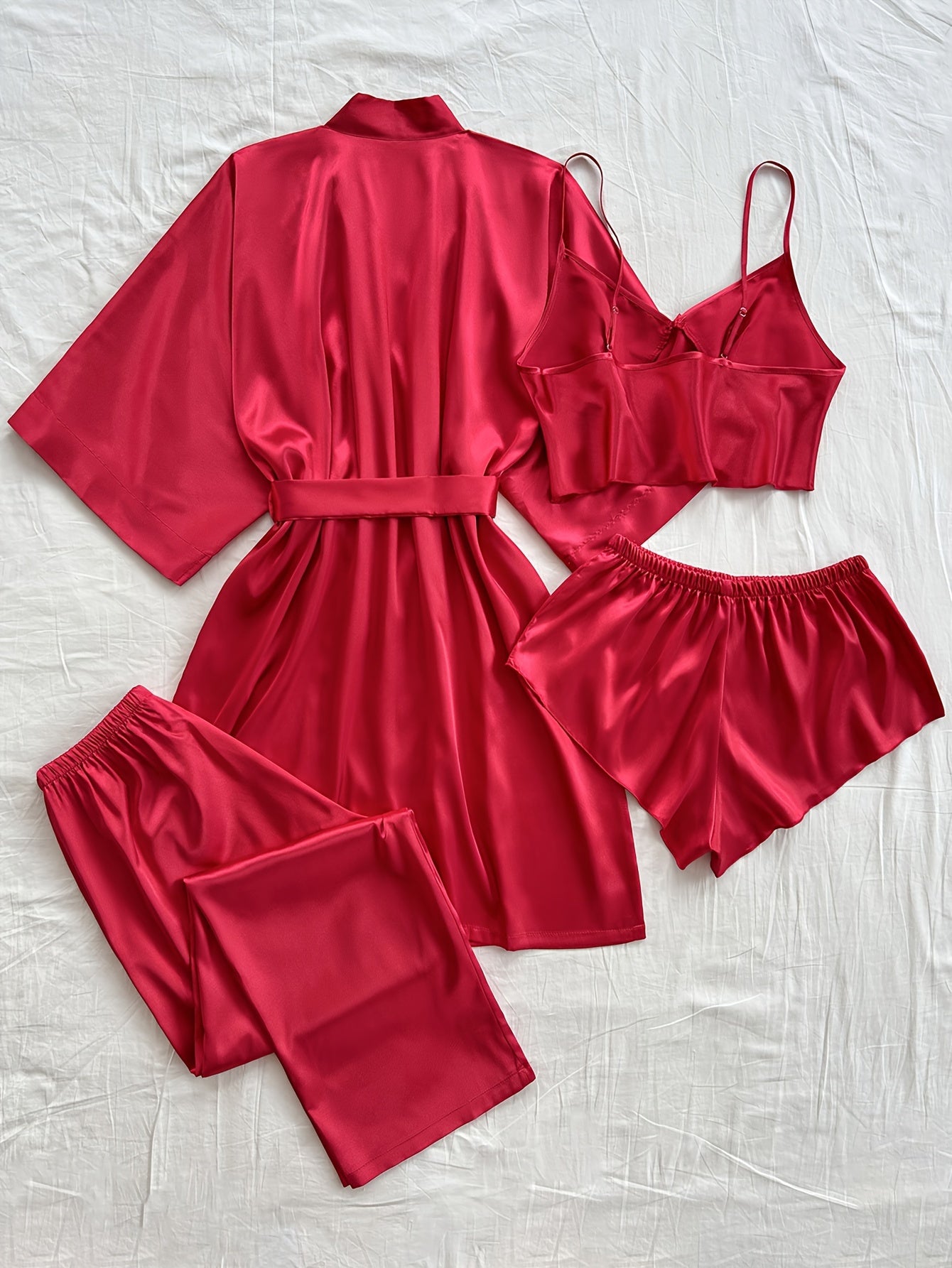 Women'S V-Neck Sexy Comfortable Robe Set with Mini Spaghetti Strap Shorts and Long Pants, Four Pieces