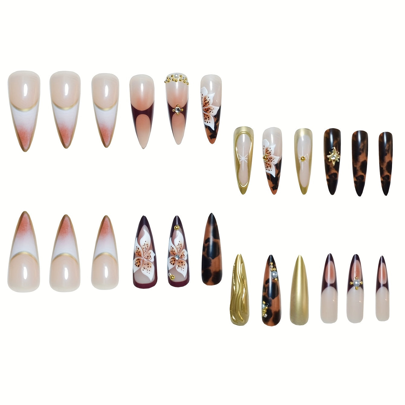 24pcs set of almond-shaped false nails with 3D three-dimensional wave texture and pure desire pearl flowers and sparkling rhinestones suitable for all women and girls. The box comes with nail files and jelly glue for easy app