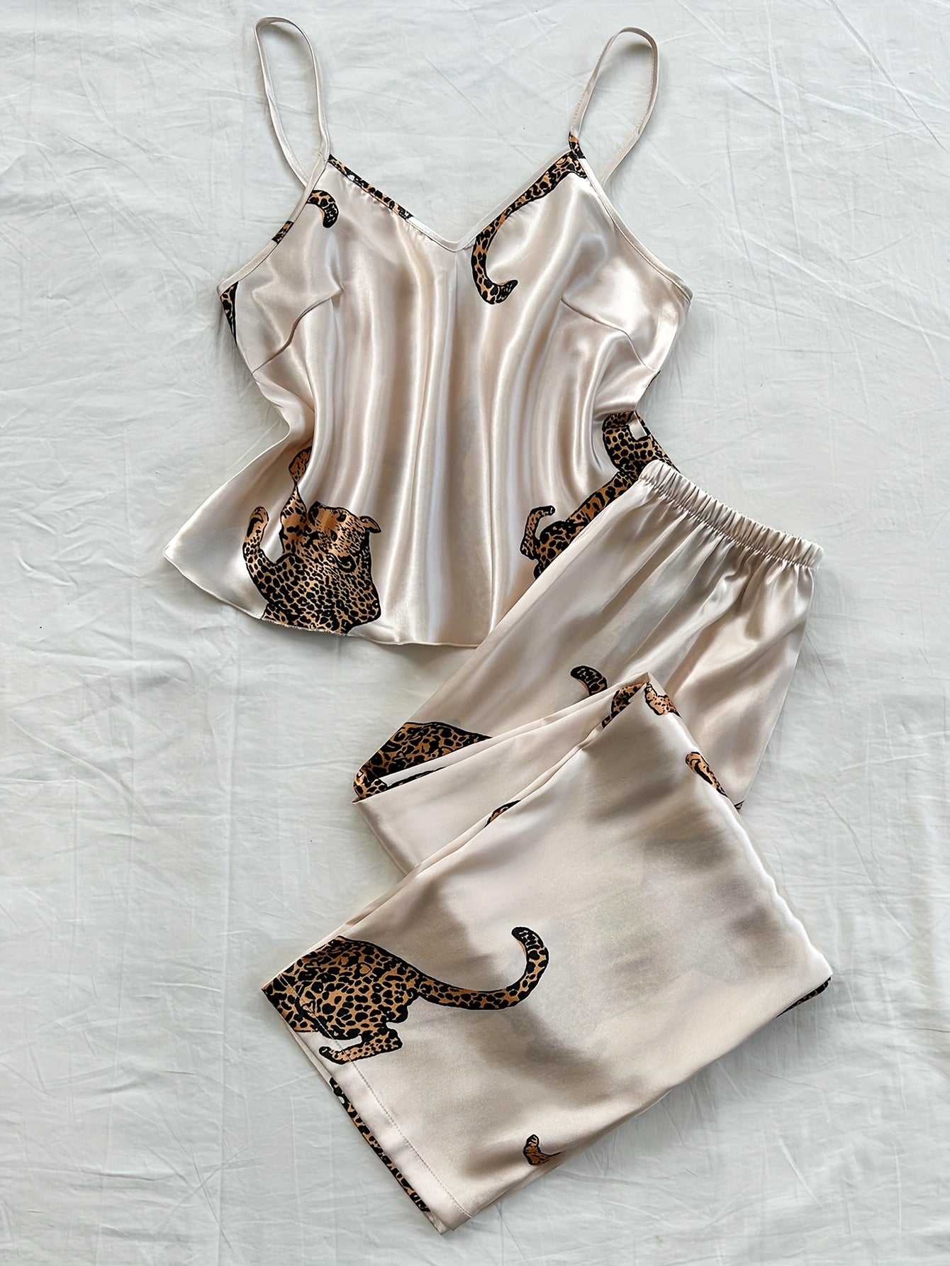 Leopard Print Fashionable Comfort V-Neck Camisole Long Pants Pajama Set 2pcs