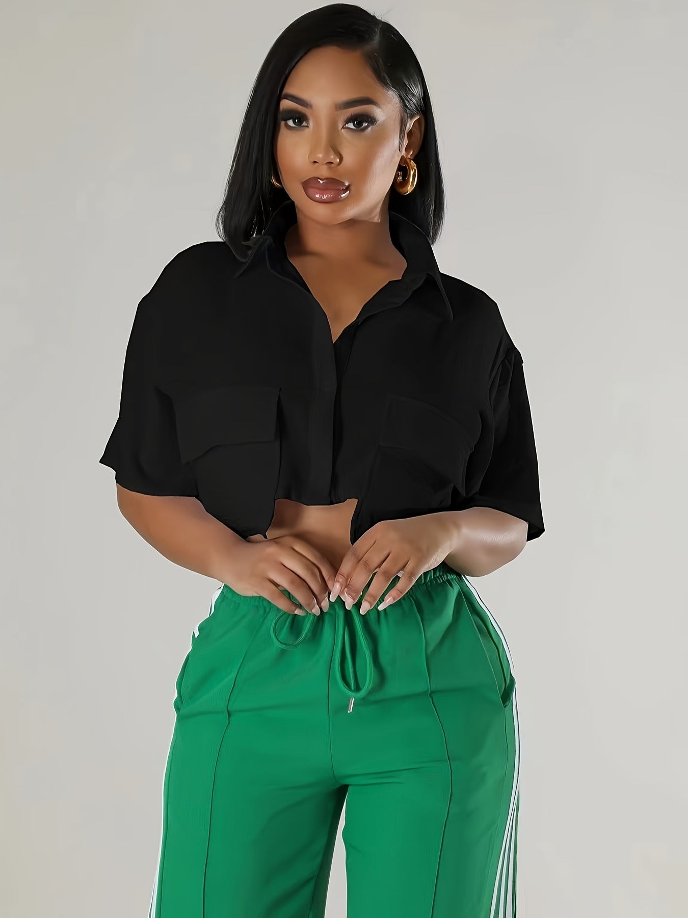 Women'S Sexy Short Crop Shirt, Solid Color Polyester 100%, Summer Short Sleeve with Lapel Collar, Two Pocket Design, Single Breasted Placket, Woven Fabric, 120g/m² - Casual Fashion Top