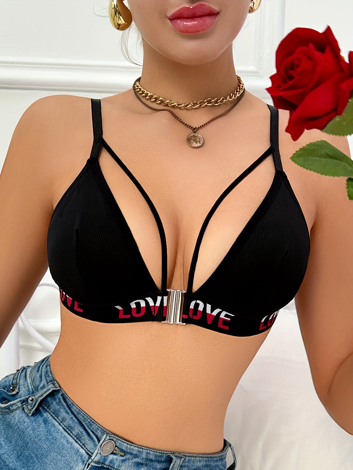 3pcs Elegant Front Closure Women's Push-Up Bras - High Support, Comfort Fit, Polyester & Elastane Blend, Machine Washable, Available in Black, White, Red with Love Detail