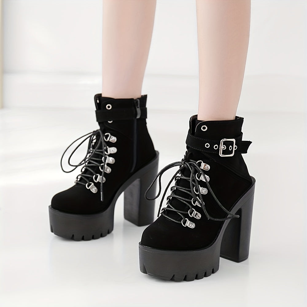 Black Women's Platform High Heels Ankle Boots, Round Toe Lace Up Ankle Buckle Strap Fashion Party Motorcycle Short Pumps