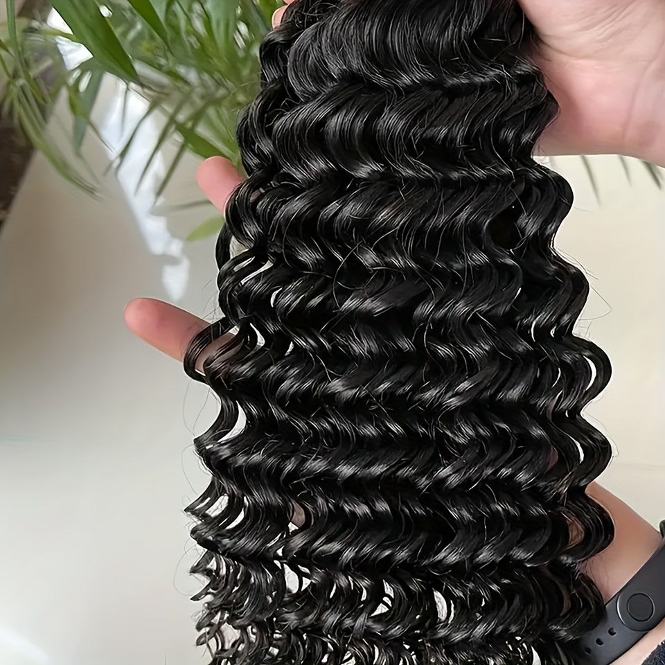 3 Bundles Deep Wave Human Hair Bundles 3 Bundles Deals Human Hair Extensions 12A 100% Unprocessed Virgin Brazilian Deep Curly Bundles Human Hair Remy Curly Weave Hair Bundles Natural Black Color