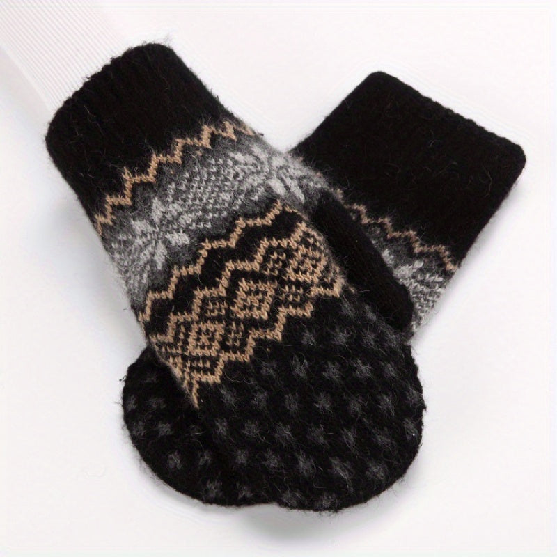 1 Pair Winter Gloves, Double-Layer Thick Warm Knit Mittens with Geometric Pattern, Acrylic 90% Nylon 10% Elasticity, Touchscreen Compatible for Outdoor Sports, Cycling, Skiing - Hand Washable, Winter Clothes