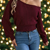 Chic Women's Off-Shoulder Long Sleeve Sweater - Casual Cut-Out Crop Top, Acrylic Knit, Perfect for Fall/Winter, Available in Pink and Black