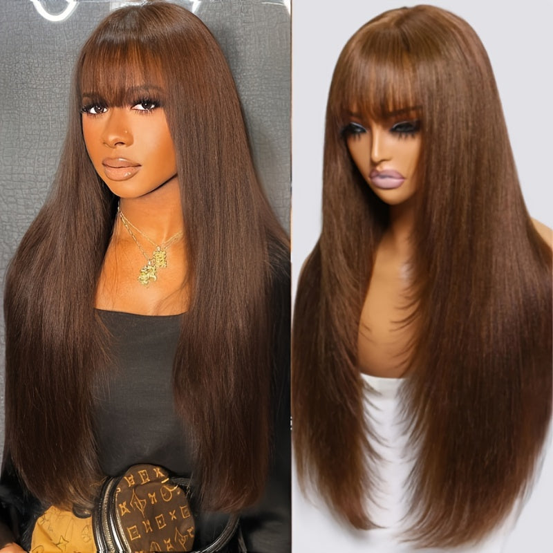 KLAIYI #4 Brown Yaki Straight Human Hair Wig with Bangs & Layered Cut - 100% Brazilian Virgin Human Hair, 150% Density Glueless HD Lace Front, Middle Part, 22.5" Cap Size, Tangle-Free, No Shedding, Air-Dry Friendly for Women