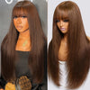 KLAIYI #4 Brown Yaki Straight Human Hair Wig with Bangs & Layered Cut - 100% Brazilian Virgin Human Hair, 150% Density Glueless HD Lace Front, Middle Part, 22.5" Cap Size, Tangle-Free, No Shedding, Air-Dry Friendly for Women