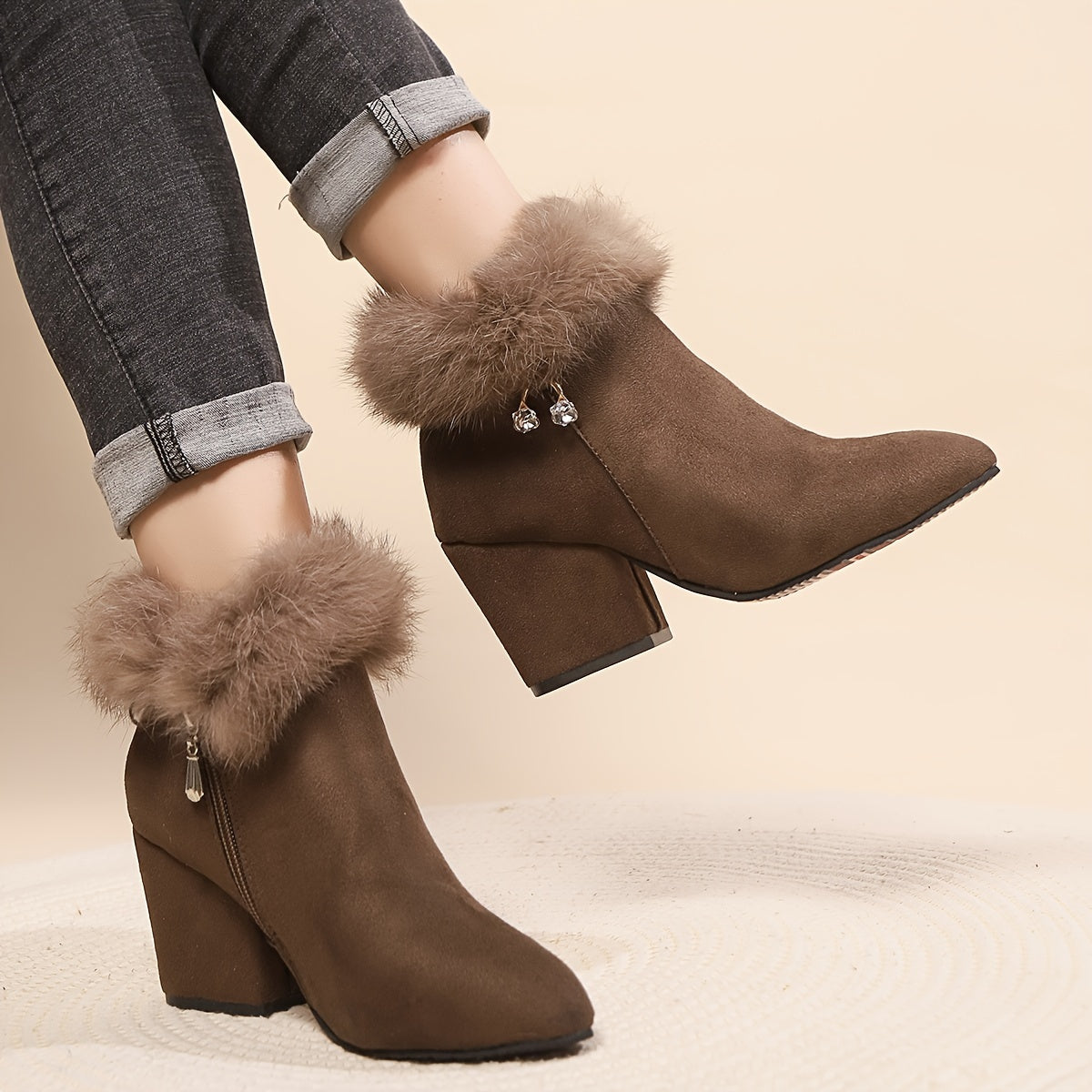 [Autumn Women's Boots] 2024 Autumn And Winter New Women's Short Boots - High Heels, Pointed Toes, Plush Lining, Low-Top Design, Casual And Stylish, Versatile And Comfortable, Elegant