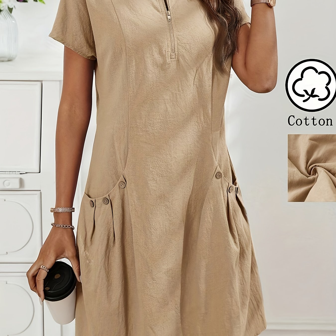 Women's Light Pink Summer Casual Dress with Zipper Half Placket, Button Decor & Double Pockets - Elegant Loose Fit for Spring/Summer, Cute Summer Dresses