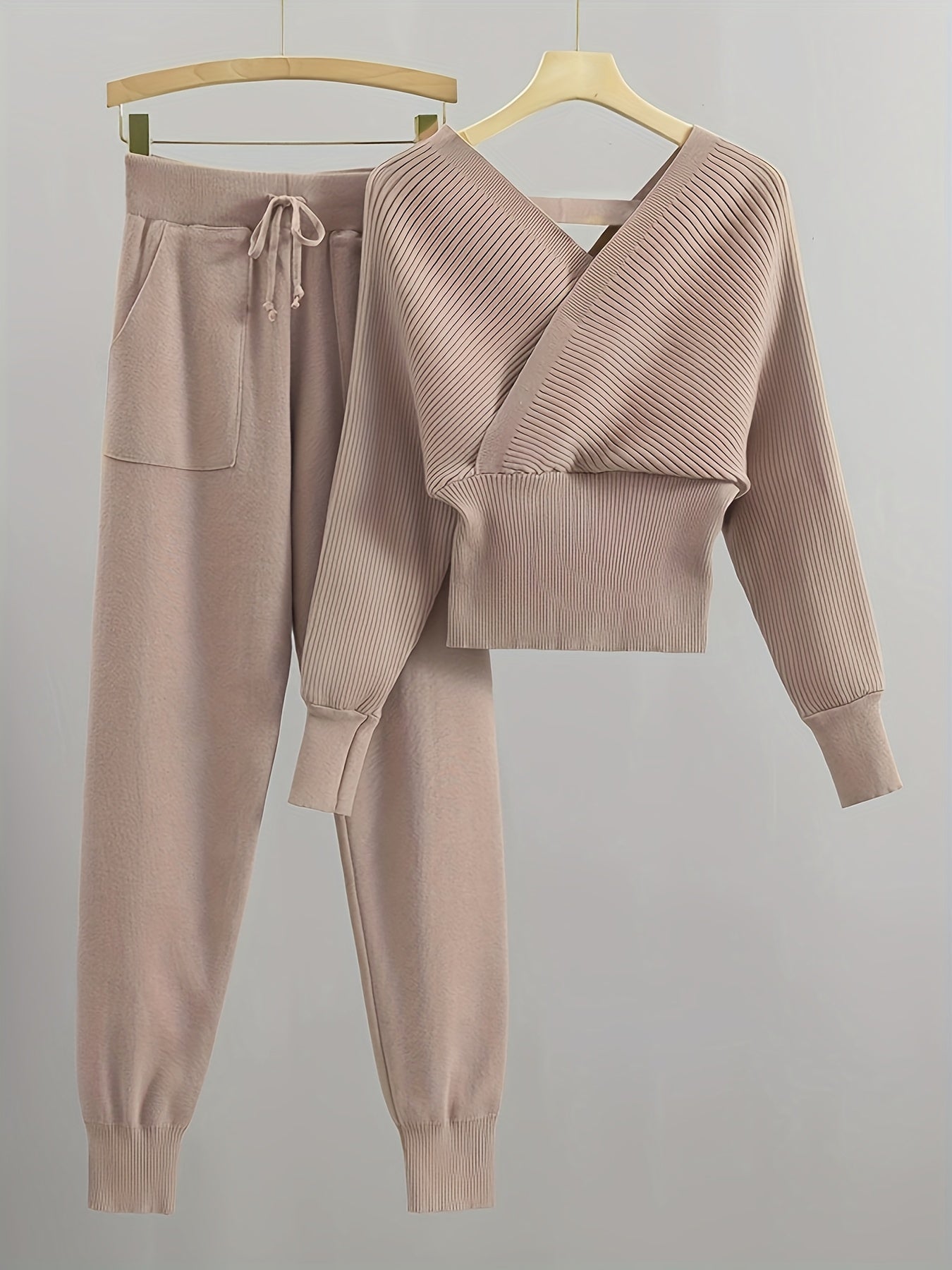 Solid Color V-Neck Exposed Shoulder Slimming Waist Knitted Two-Piece Set with Tie Rope Long Pants for Women