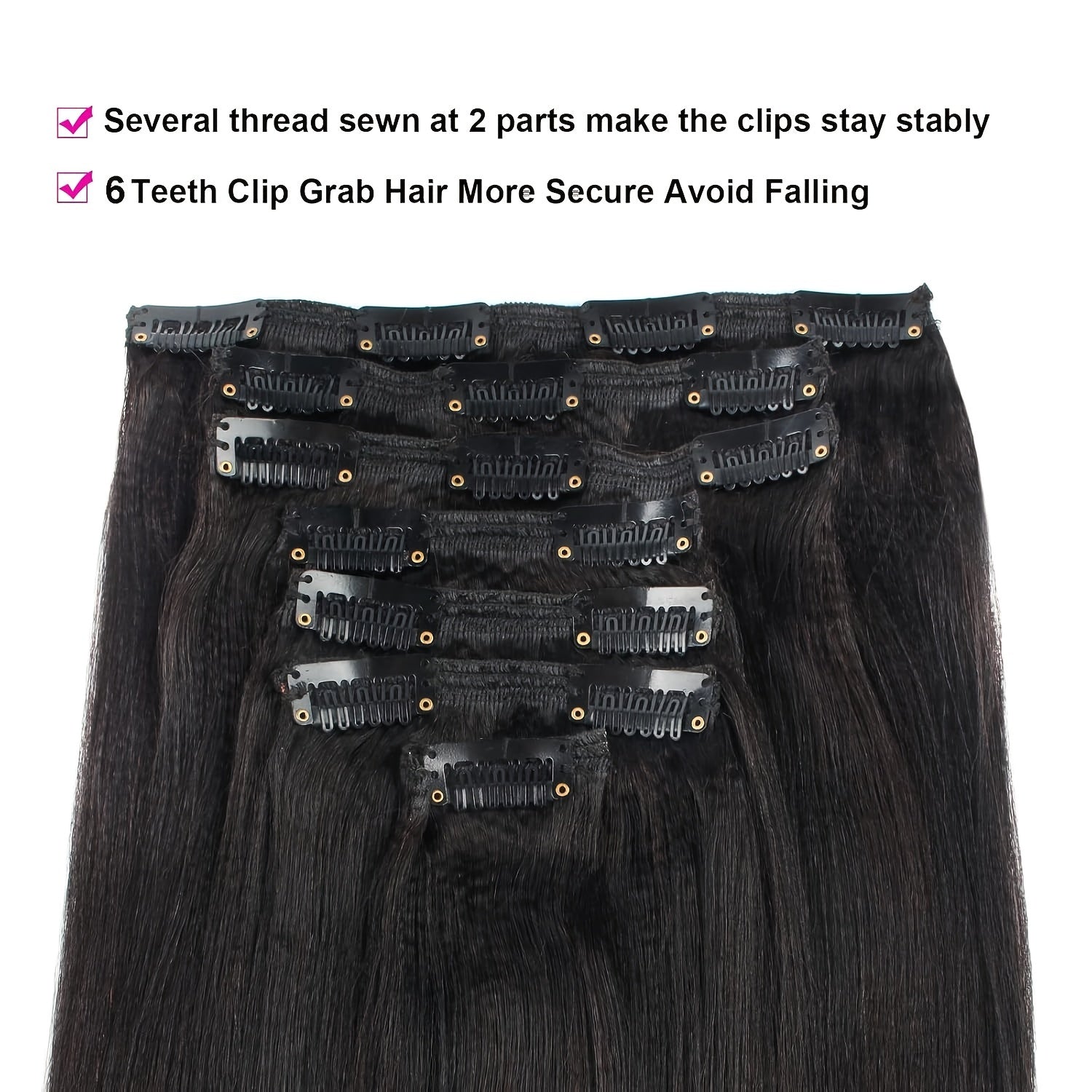 Kinky Straight Clip In Wig Extensions Full Head Yaki Straight Clips In For Women Synthetic Wig 7Pcs Wig Accessories