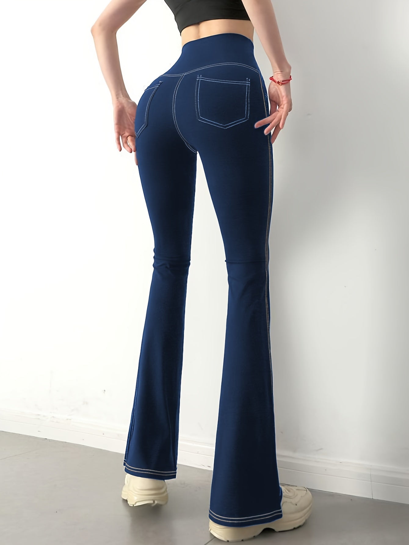 Solid Color Imitation Denim Yoga Pants With Pockets, Sports Fitness Yoga Running Flared Leggings, Women's Clothing Wide Waistband
