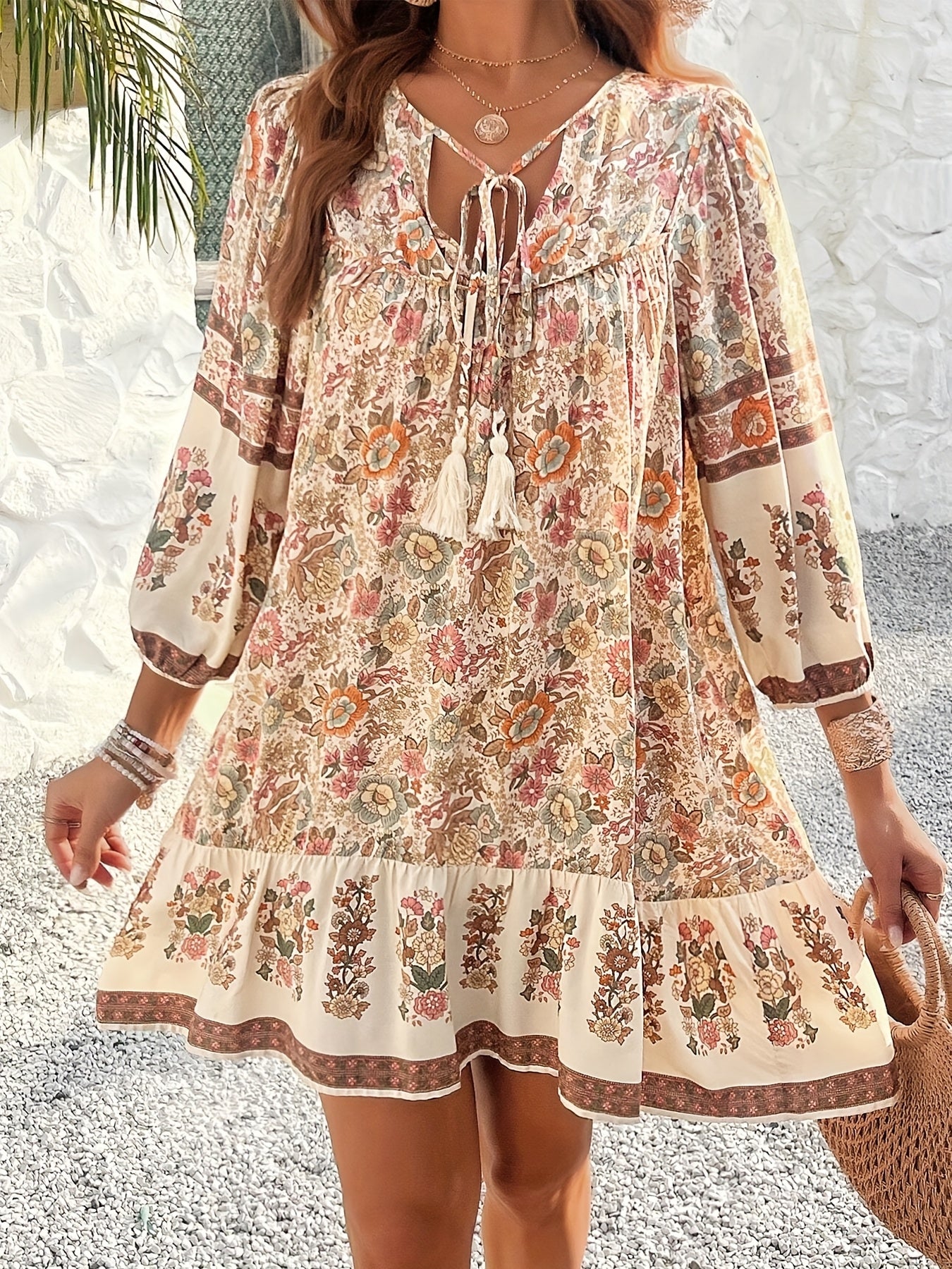 Plus Size Women'S Floral Print Tie Neck Ruffle Hem Loose Casual Spring And Summer Outing Dress