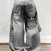 Print-Inspired Y2K Street Style Loose Fit Wide Leg Jeans for Women & Men - Gray Washed Denim with Eagle Design, Polyester Blend, Comfortable & Stylish Hip-Hop Fashion Pants, Casual Wear Pants | Patched Pocket Jeans | Durable