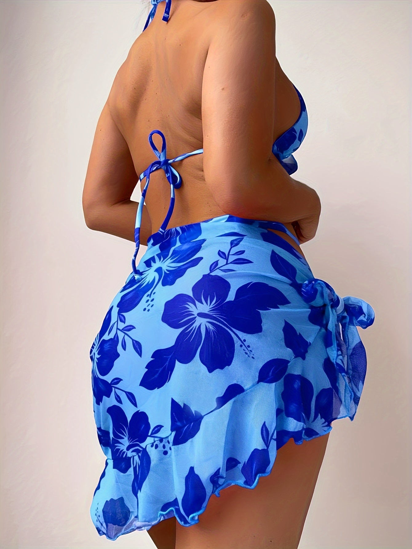 FUBA.VI Floral Print 3pcs Swimsuit Set - Blue & Purple Floral Design, High Stretch Polyester, Knit Fabric, Frill Details, Perfect for Beach, Pool, and Nightclub, Beach Swimsuit|Floral Swimsuit|Stretchy Fabric
