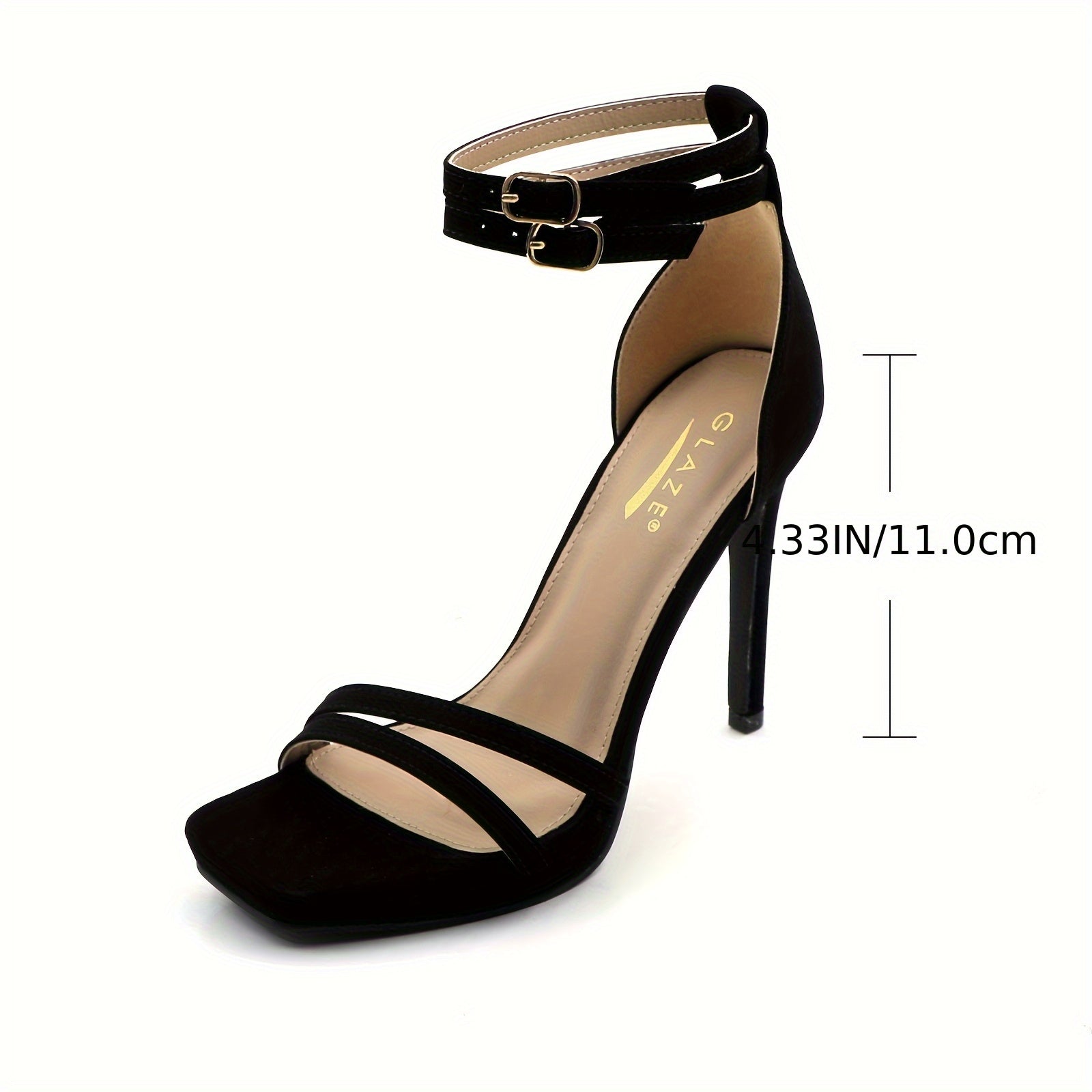 Elegant Women's Black Stiletto Sandals - Open Toe, High Heel, Ankle Strap, Buckle Detail | Synthetic Cover, Sophisticated Dress Shoes for Weddings, Proms, and Parties