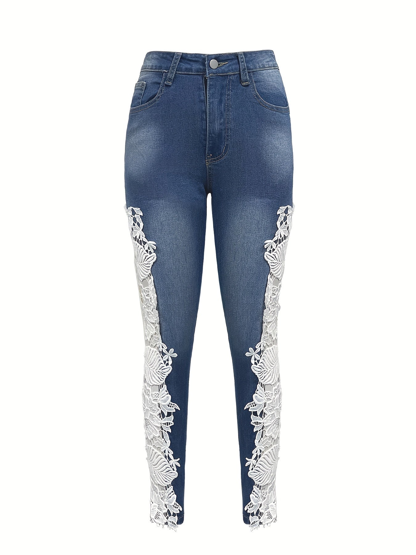 Elegant Skinny Fit Hollow Out Lace Contrast Denim Jeans, Women's Denim Pants & Clothing
