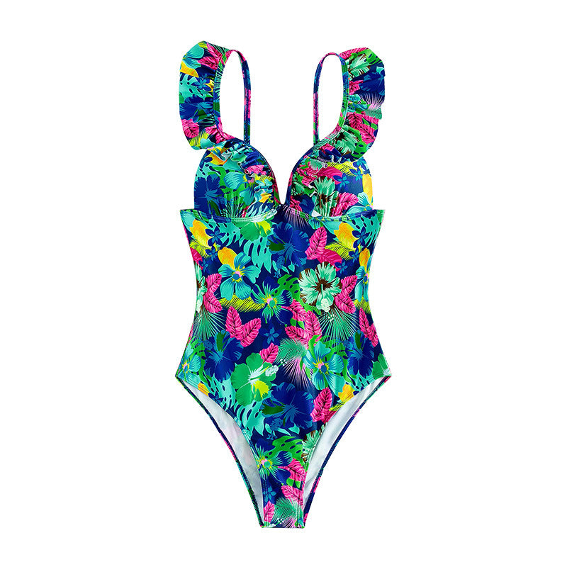 Bikini Ruffled Printed Backless One Piece Swimsuit Women