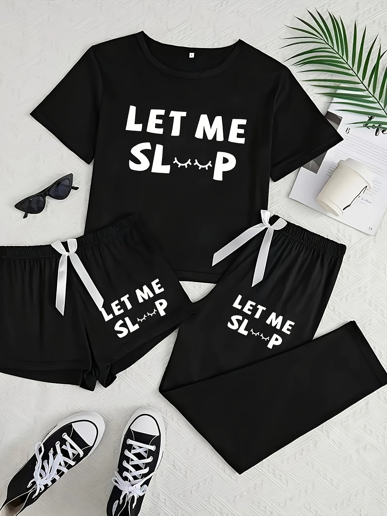 [Simple Letter Print] Women's Three Piece Set | Casual Pajamas | Short Sleeve Long Pants Shorts | Simple Letter Print