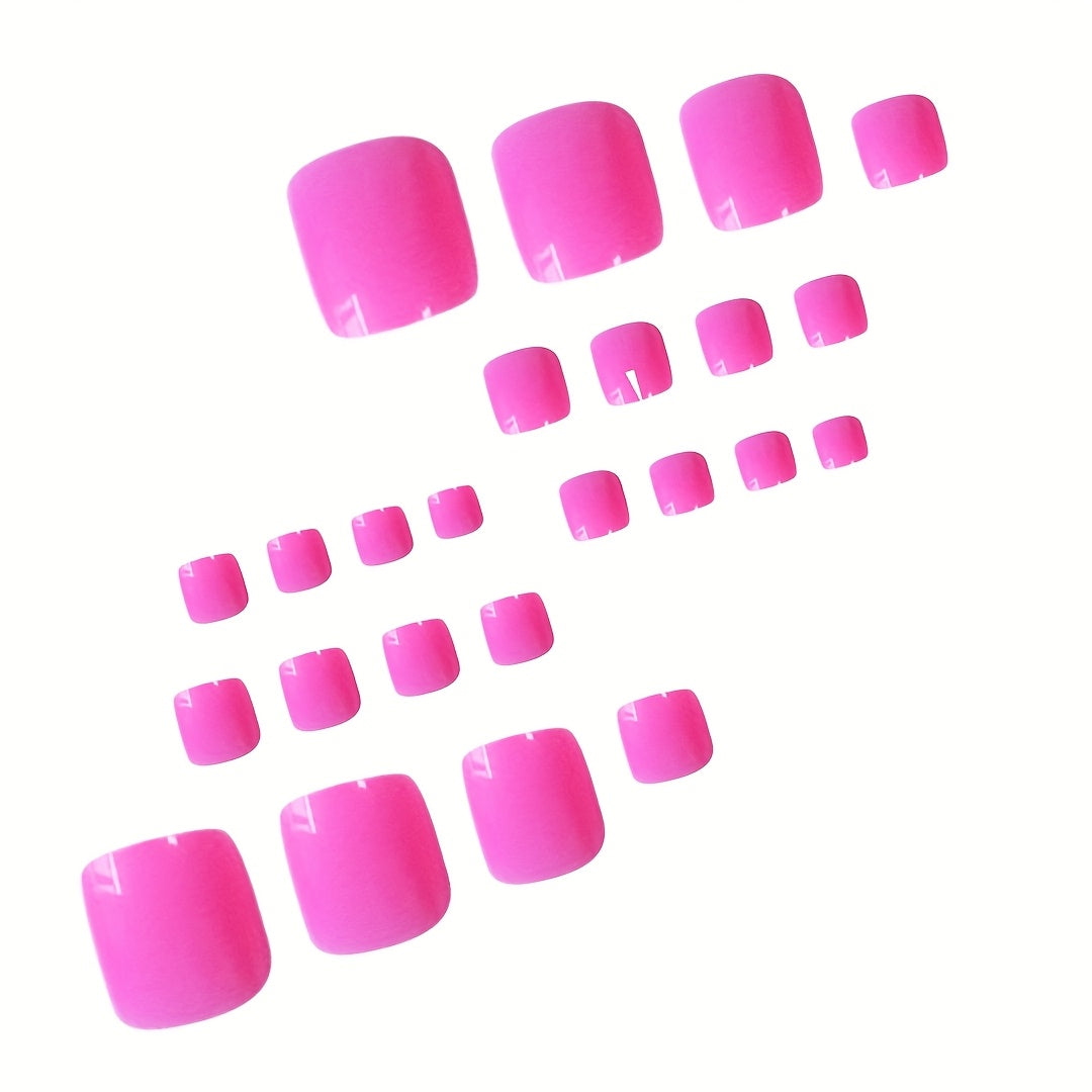 24pcs Hot Pink Toe Press-On Nail Set - Vibrant, Waterproof & Reusable, Perfect for Summer, Beach Vacations & Daily Wear; Includes Jelly Glue & Nail File for a Bold, Eye-Catching Pedicure That Truly Pops!