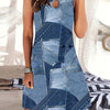 Chic Sleeveless Denim Print Dress for Women - Casual A-Line with Keyhole Neckline, Polyester Blend, Machine Washable, Western Patchwork Design, Perfect for All Seasons, Denim Dress