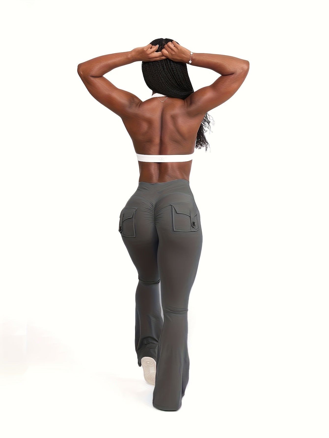 3pcs Of Black, Gray And Green Fashionable Workwear Style Bell Bottoms, Women's Casual Bell Bottoms, High Waist Pocket Sportswear, Work Style Peach Hip Pants, Sports Quick-drying Tummy Control Butt Lifting Trousers Flare L