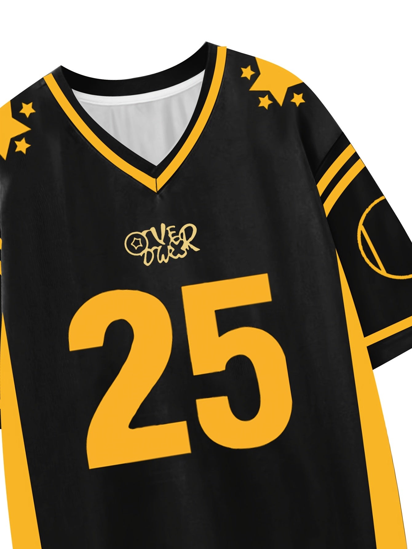 Women's Black V-Neck T-Shirt with Number 25 & Star Print - Stretch Knit Casual Short Sleeve Top, Soft Polyester Blend, Machine Washable, Perfect for Casual Attire