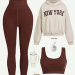 Women's Slimming Basic Loose Sweatshirt with Printed Solid Color Slimming Sports Three-piece Set