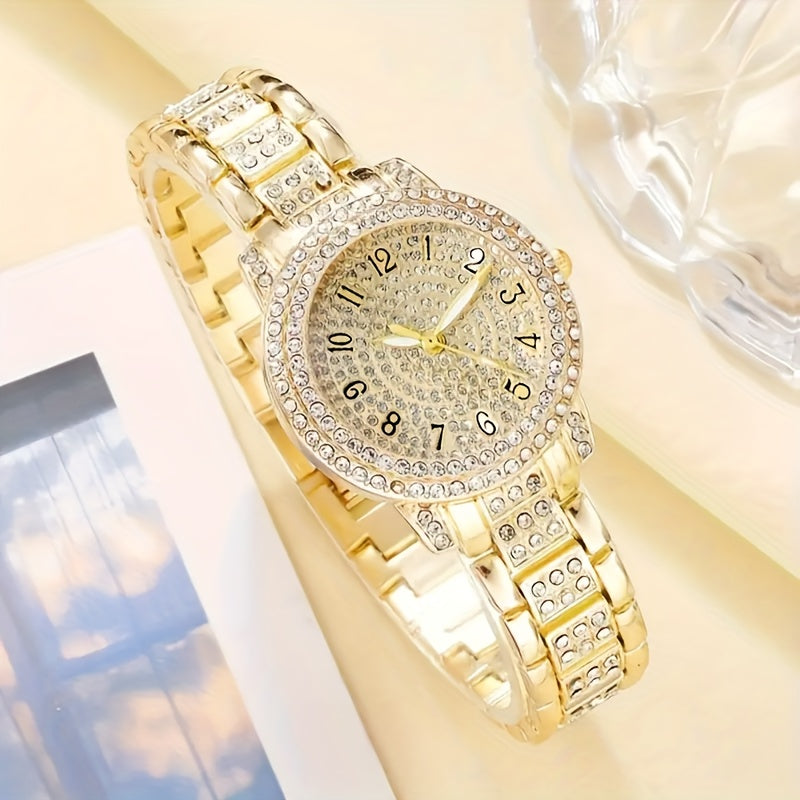 6pcs Elegant Women's Quartz Watch and Golden Jewelry Set - Sparkling Crystal Embellished Timepiece with Stainless Steel Band & Rings, Necklace, Earrings - Ideal for Valentine's Day, Easter, Ramadan, Birthdays,  Hallo