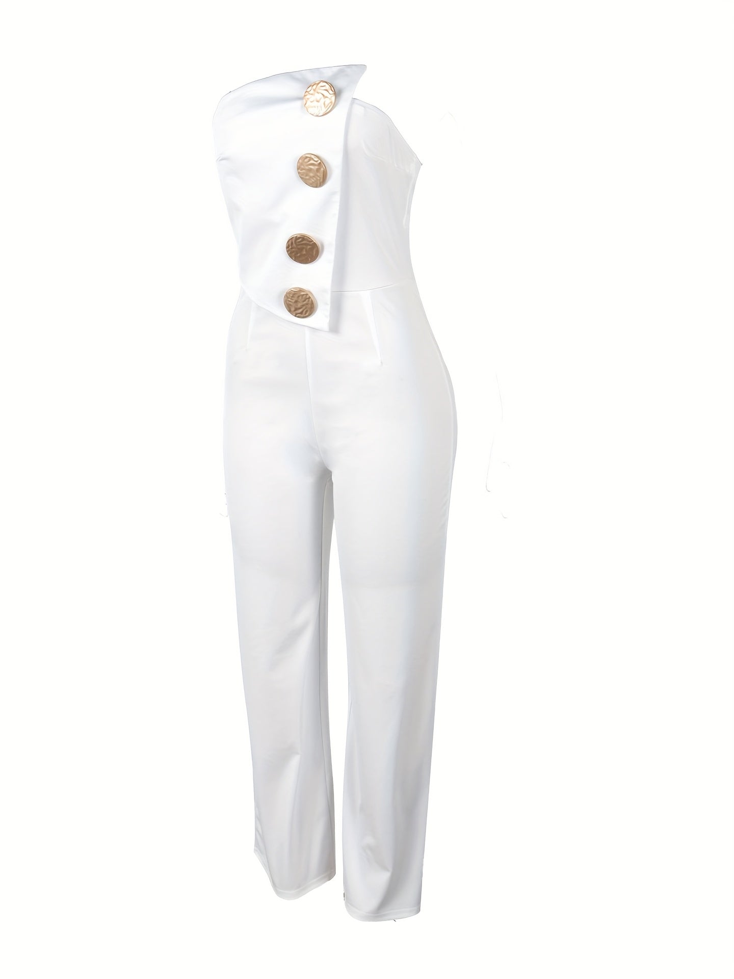 Women's Sleeveless Strapless Bodycon Jumpsuit - Stretchy High-Waisted Wide-Leg Romper with Golden-Tone Buttons, Solid White Elegant Outfit for All Seasons, Hand Wash Only, Allseason Fashion | Offshoulder Style | Sophisticated