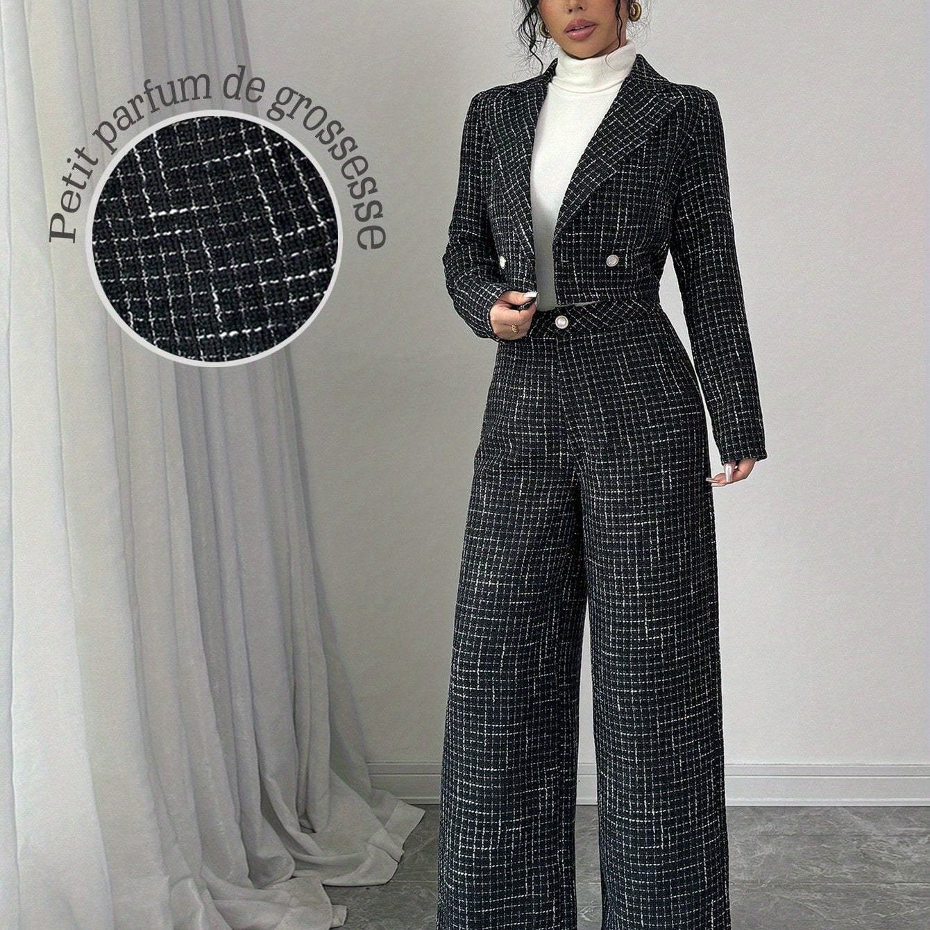 2pcss Women Elegant Set - Plaid Printed Double-Breasted Long Sleeve Blazer Jacket & Loose Fit Trousers 2pcs Set