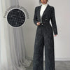 2pcss Women Elegant Set - Plaid Printed Double-Breasted Long Sleeve Blazer Jacket & Loose Fit Trousers 2pcs Set