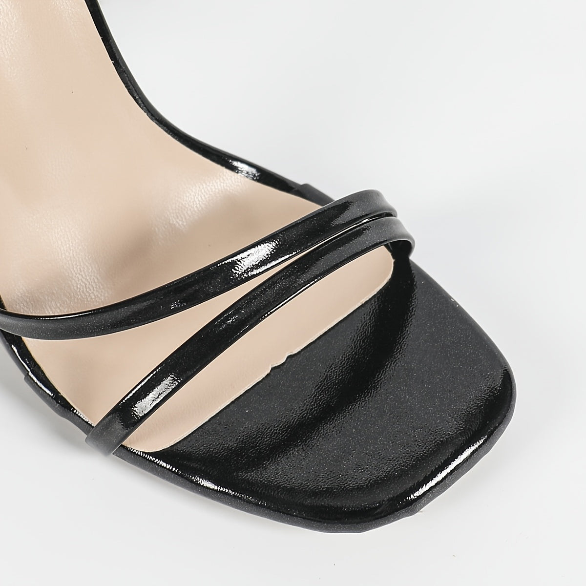 Stylish Women’s Black PU Cover High Heel Sandals - Glossy Finish, Ankle Strap, Square Toe, Thin Strappy Design for Summer Outdoor Events, Party Sandals | Stylish Ankle Wraps | Crisscross Straps Design, Strappy Sandals