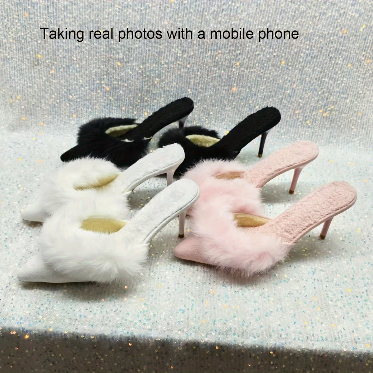 [Faux Fur Chic Slippers] Plush Faux Fur Chic Women's High-Heel Slippers - Pointed Toe, French Heel Design for Indoor & Outdoor Wear